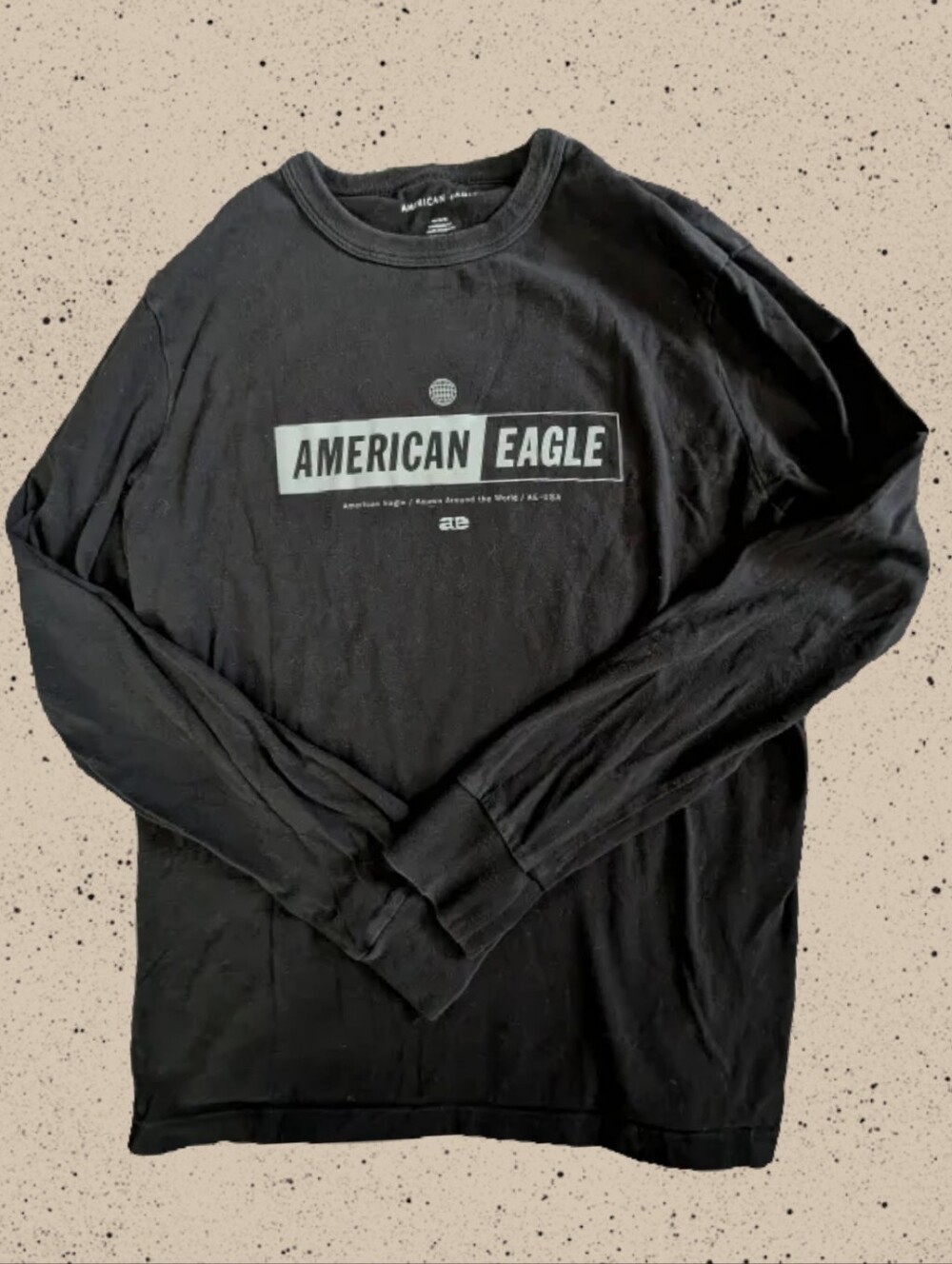 American Eagle Black Long Sleeve Logo Tee with Gray Accent, Size Medium
